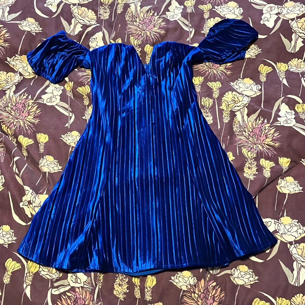 REVOLVE Royal Blue Off-Shoulder Velvet Pleated Dress